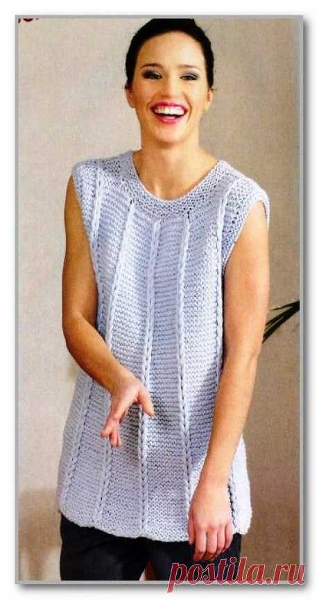 Вязание спицами для женщин. Однотонная прямая туника толстыми спицами. Размеры: S(M)L(XL)