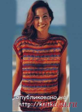 Женский пуловер, связанный спицами,  Вязание для женщин Женский пуловер со снятыми петлями, связанный спицами. Меланжевая пряжа, оранжевые, бордовые и вишневые тона. Фотография модели и схема вязания спицами.