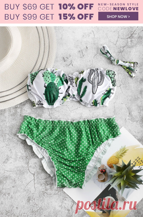 [45% OFF]  2020 Cactus Print Polka Dot Lettuce Trim Bikini Swimsuit In GREEN APPLE | DressLily