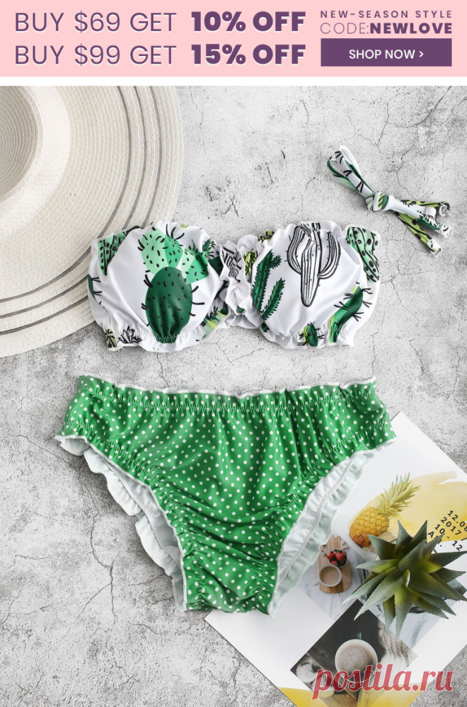 [45% OFF]  2020 Cactus Print Polka Dot Lettuce Trim Bikini Swimsuit In GREEN APPLE | DressLily