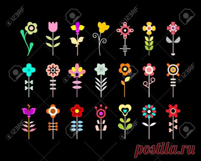 Colorido Sobre Un Fondo Negro Icono De La Flor Conjunto. Ilustraciones Vectoriales, Clip Art Vectorizado Libre De Derechos. Image 60010514.