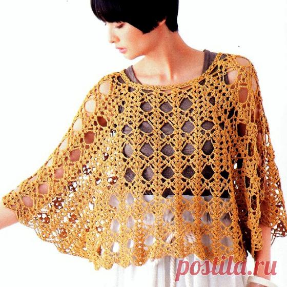 Пончо ажурным узором Вязаное крючком пончо ажурным узором. Схема-выкройка