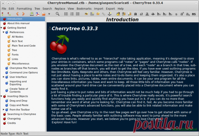 cherrytree. Приложение для создания иерархических заметок, с подсветкой форматированного текста и синтаксиса, хранит данные в одном файле xml или sqlite.