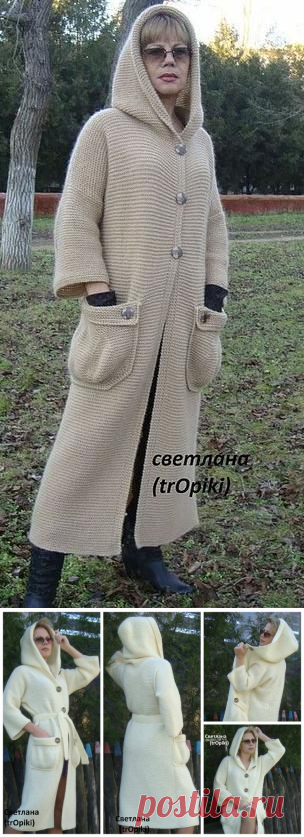 Потрясающе красивое, стильное пальто спицами платочной вязкой. Автор Светлана (trOpiki)