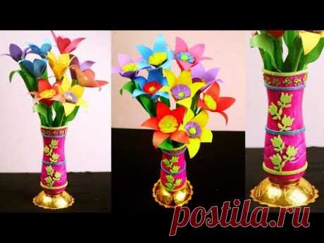 How to make paper flower & plastic bottle flower vase at home - Easy paper flowers for beginners