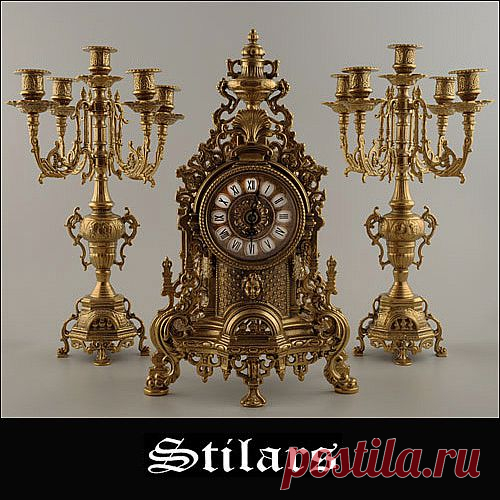 Набор "Часы (24,5х42 см) + 2 подсвечника (12х41 см)" , Stilars (интерьерные аксессуары), Аксессуары из блестящей латуни, Часы