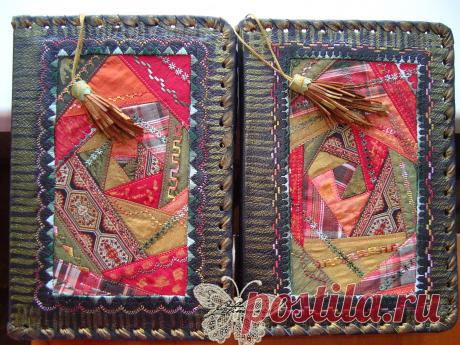 Обложка для книг из натуральной кожи с добавлением пэйчворка из тафты, декор декоративная строчка.