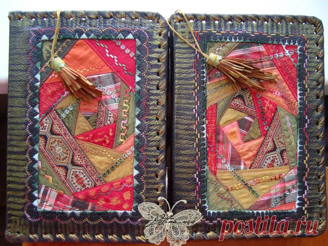 Обложка для книг из натуральной кожи с добавлением пэйчворка из тафты, декор декоративная строчка.