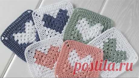 Бабушкин квадрат с сердцем. Вязание крючком. Crochet. Heart Granny Square.