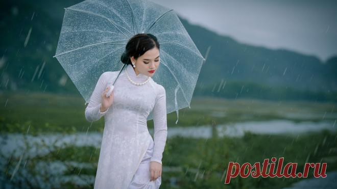 Скачать обои платье, девушка, дождь, зонтик, раздел девушки в разрешении 1366x768