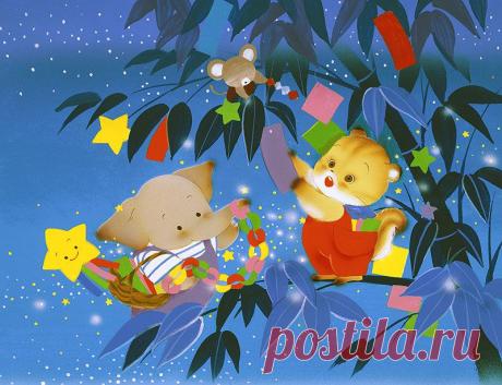 動物イラスト　七夕を飾り喜ぶ、ゾウ、リス、ネズミ達