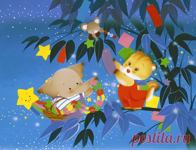 動物イラスト　七夕を飾り喜ぶ、ゾウ、リス、ネズミ達