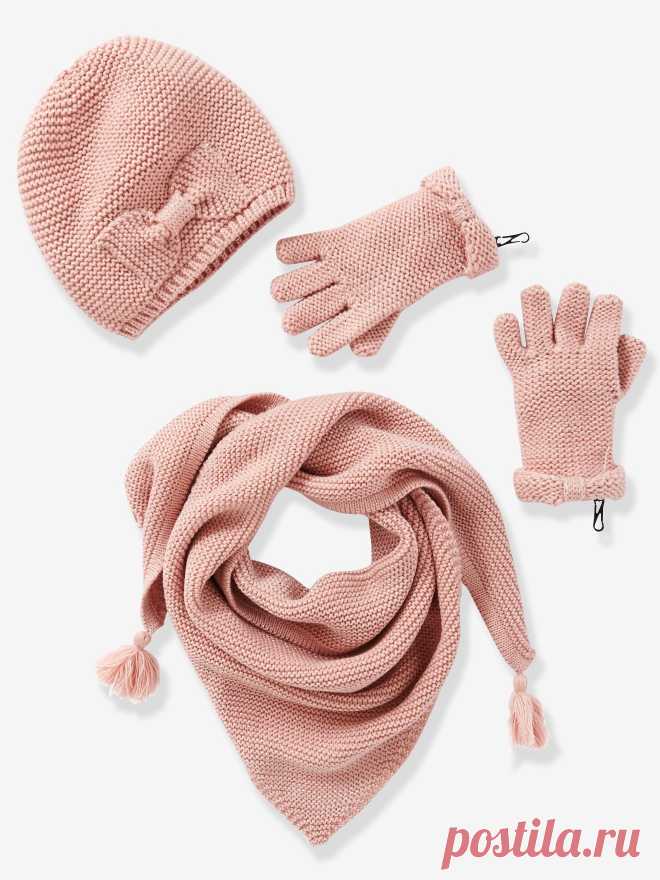Conjunto bufanda + gorro + manoplas o guantes niña rosa grisaceo - Vertbaudet