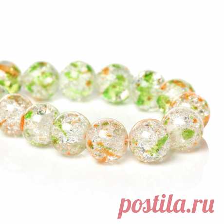Стеклянные бусины 10 мм. с зелёно-оранжевыми пятнами (10 шт.)