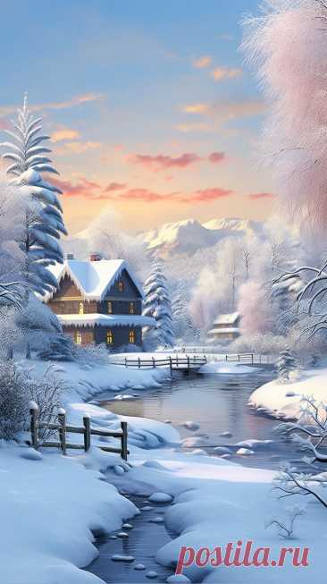 a winter scene with a house and stream in the foreground, snow covered trees