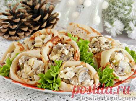 Рецепт: Мясной салат в блинчиках на RussianFood.com