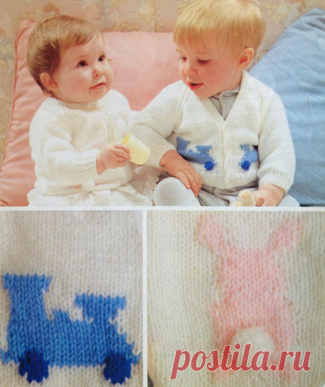 baby knitting pattern cardigans for boys and girls with train and bunny motifs 16 18 20 inches dk This item is a PDF file of the knitting pattern for these gorgeous baby items.    The pattern will be available for download upon receipt of payment, for you to print out or read from your computer.    The items are knit in double knitting yarn with 3.25mm and 4mm needles.    Really cute cardigans, with sweet little motifs worked in. Knowledge of intarsia is needed for the mot...