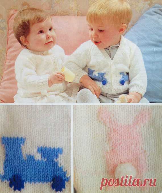 baby knitting pattern cardigans for boys and girls with train and bunny motifs 16 18 20 inches dk This item is a PDF file of the knitting pattern for these gorgeous baby items.    The pattern will be available for download upon receipt of payment, for you to print out or read from your computer.    The items are knit in double knitting yarn with 3.25mm and 4mm needles.    Really cute cardigans, with sweet little motifs worked in. Knowledge of intarsia is needed for the mot...