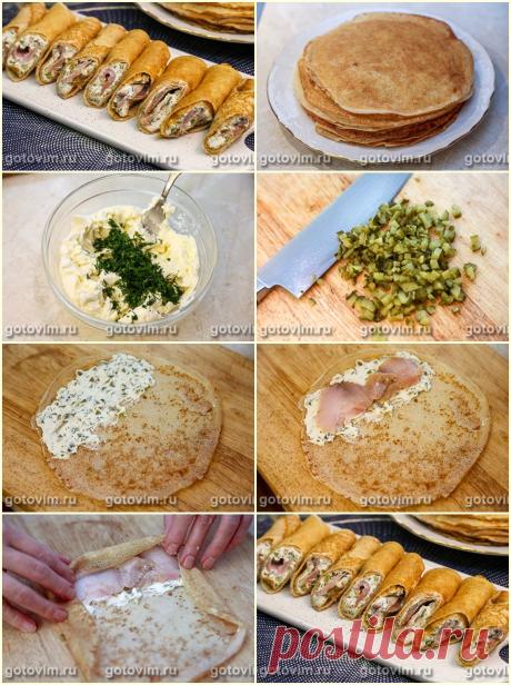 Блины с рыбой, сливочным сыром и зеленью