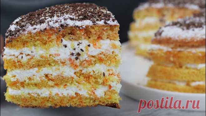Нежный морковный торт с творожным кремом Морковный торт с творожным кремом: Морковный бисквит: Мука - 160 г Сахар - 130 г Яйцо - 3 шт Морковь - 1 шт Растит. масло - 1 ст.л Разрыхлитель - 1/2 ч.л Соль - щепотка Ваниль - по вкусу Творожный...