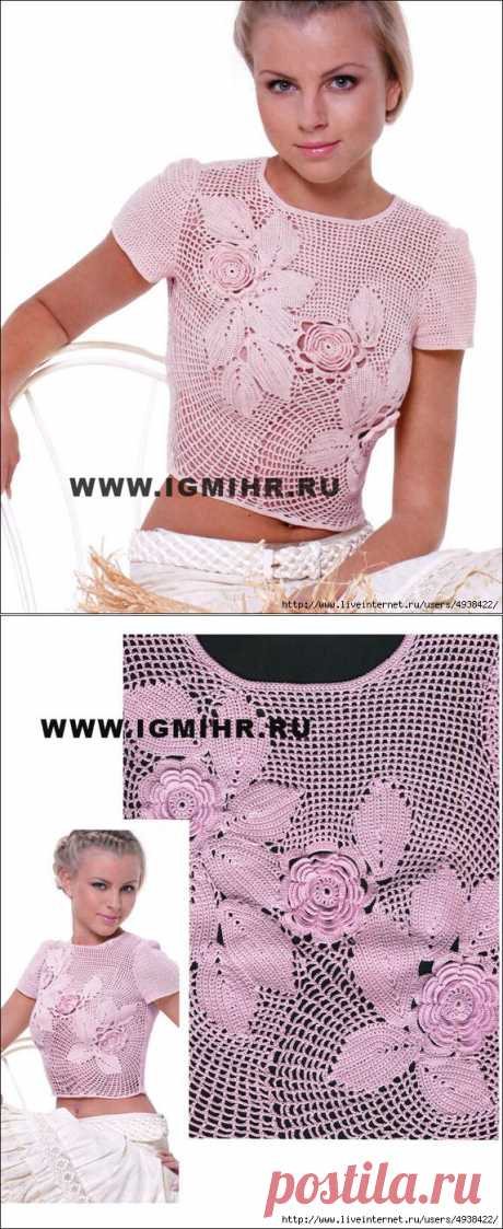 Розовая блузка с композицией из цветов и листьев. Крючок.