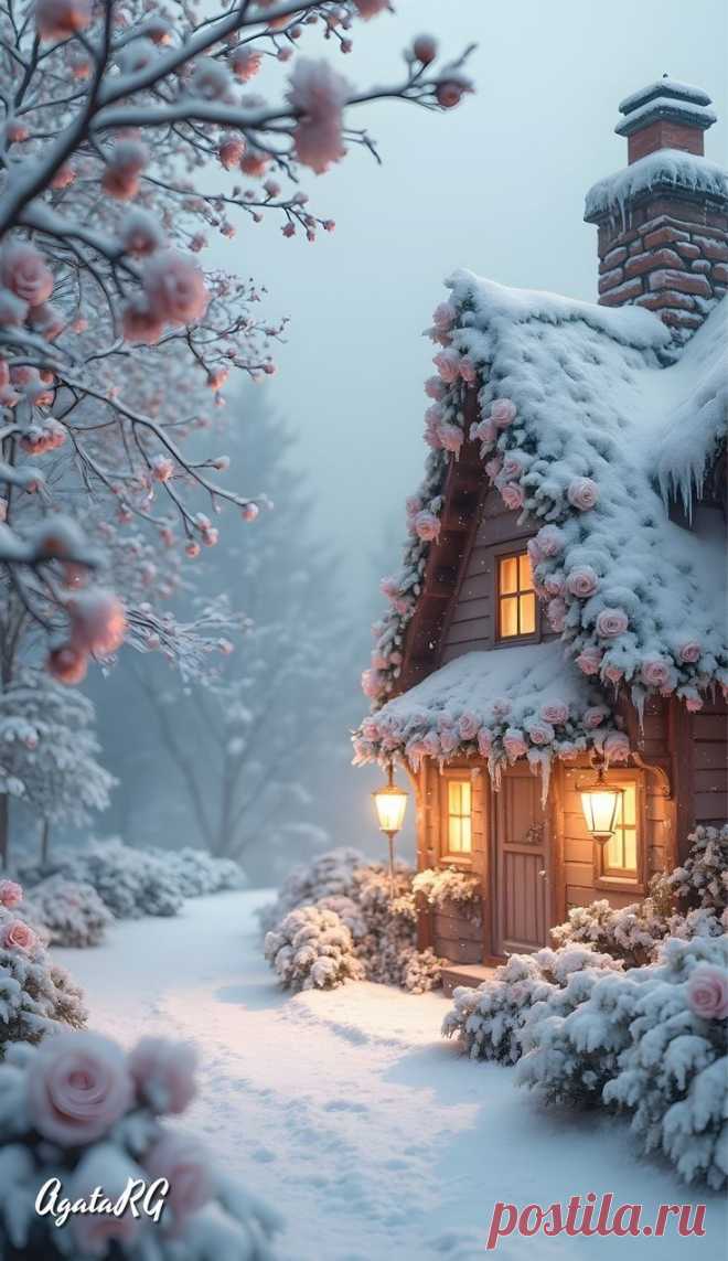a small house covered in snow next to a tree with pink flowers on the roof