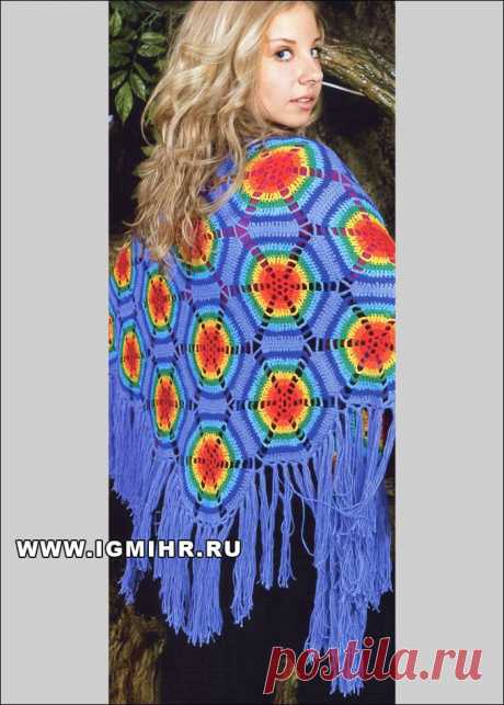 Шаль в оранжево-синих тонах. Крючок