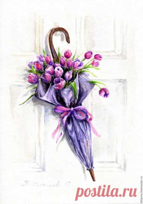 Watercolor painting | Купить Акварель "Цветочный зонтик" - акварельная бумага, хенд мейд, живопись акварелью, картина акварелью