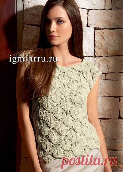 Топ спицами
#спицы #топ_спицами #вязаный_топ #узор_спицами #вязаный_узор

Размеры (европейские): 36/38 (42/44)
Размеры (российские): 42/44 (48/50)

Вам потребуется: 250 (300) г цвета грежа (цвет 13) пряжи Pico фирмы Lana Grossa (100% хлопка, 115 м/50 г); прямые спицы № 3,5; крючок № 3.

Техника вязания.
Платочная вязка: лиц. и изн. р. вязать изн. п.
Узор из листочков: вязать по схеме. Цифры справа обозначают лиц. р., слева - изн. р. В ширину р. начинать с кром. п. перед 1-...
