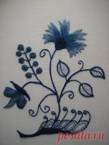 REDUCED Blue and White Crewel Embroidery, Colonial Deerfield Massachu…