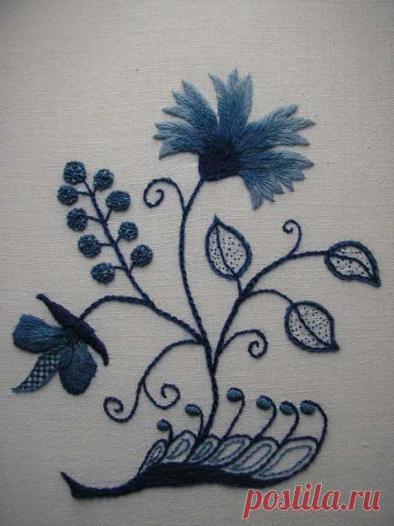 REDUCED Blue and White Crewel Embroidery, Colonial Deerfield Massachu…