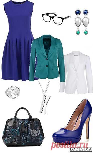 Если у Вас в офисе нет строго дресс-кода, Вы хотите выглядеть строго и женственно одновременно, то этот комплект для Вас! Глубокий синий цвет платья выгодно оттеняют пиджаки мятного или белого цвета на выбор. Основа элегантности любого образа - туфли на высоком каблуке. Неброская бижутерия, вместительная, но элегантная сумка. Образ деловой леди завершат очки в строгой оправе.