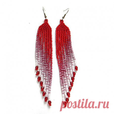 Red, pink and white seed bead earrings - beadwork jewelry - beaded fringe…