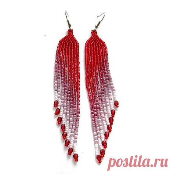 Red, pink and white seed bead earrings - beadwork jewelry - beaded fringe…