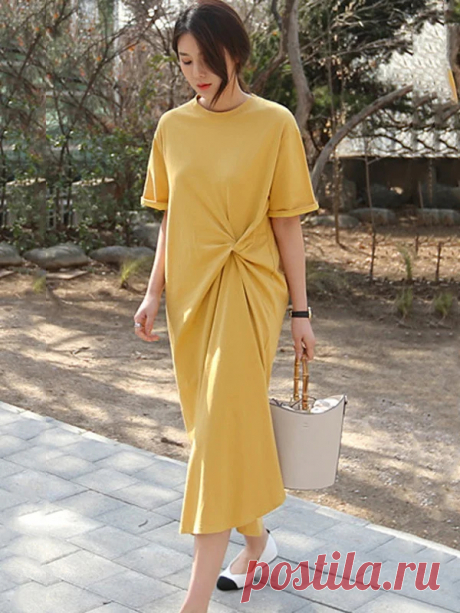 Solid Color Irregular Pleats Midi Dress - Stylish and Chic