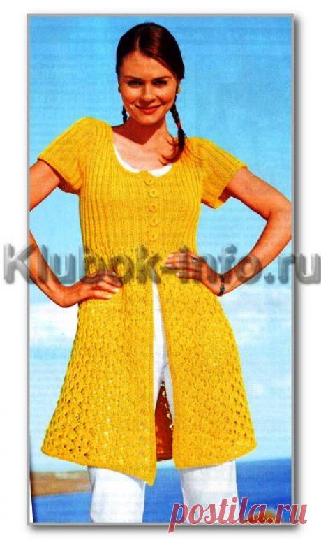 Вязание спицами. Женские модели. Удлиненный летний ажурный жакет на пуговицах и с короткими рукавами. Размеры: 36/38, 40/42