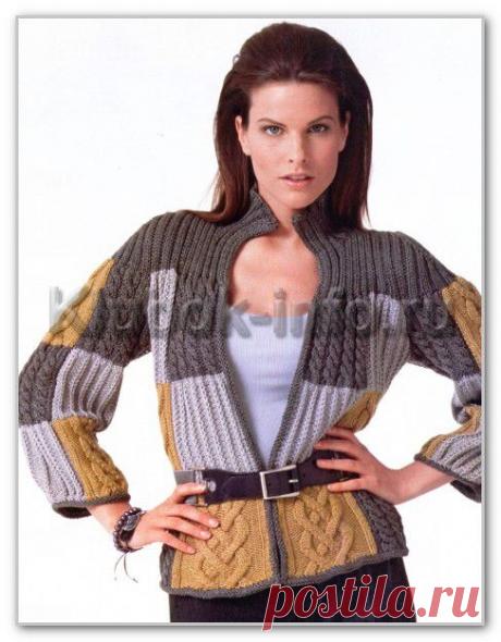 Вязание спицами. Женские модели. Трехцветный жакет на кокетке, с различными рельефными узорами. Размеры: 38-42