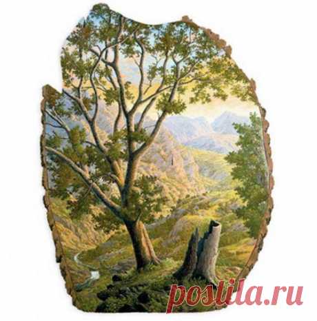 Живописные пейзажи на срезе брёвен