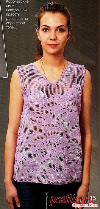 . Нежные лилии. Ажурный топ на лето. Этот нежный ажурный топ связанный в филейной технике украшают прекрасные лилии. Вяжем крючком №5 2016