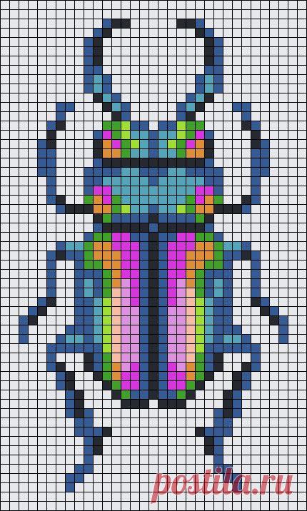 a cross stitch pattern with a colorful beetle on it's back legs and arms