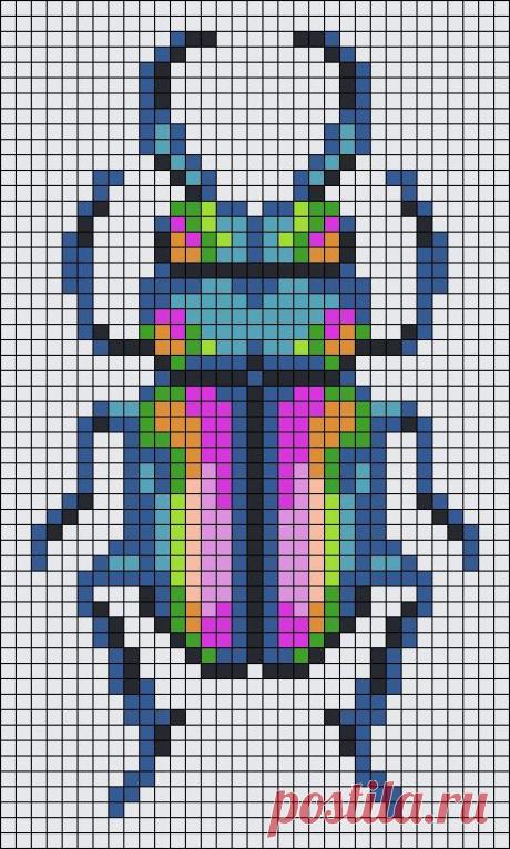 a cross stitch pattern with a colorful beetle on it's back legs and arms