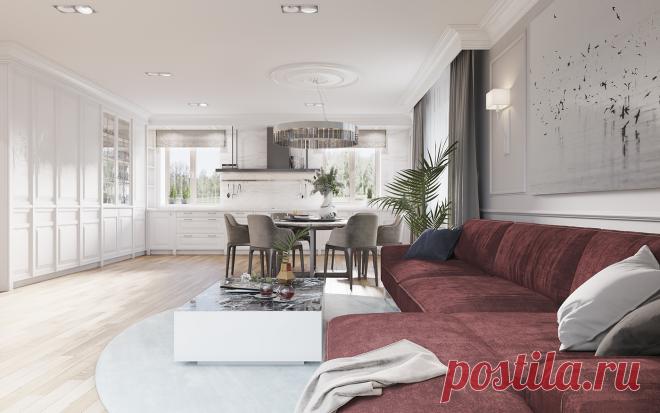 Элегантный интерьер дома — CHERRY MOOD в пригороде Днепра спроектирован для молодой семьи.
Большую часть дома занимает совмещенное пространство прихожей, кухни и гостиной с выходом на террасу. 
Пожелание клиента был дизайн интерьера, который включал в себя просторную функциональную кухню с классической композицией из круглого стола и роскошной люстрой.