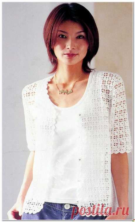 ЛЕТНИЙ БЕЛЫЙ ЖАКЕТ ВЯЖЕМ КРЮЧКОМ..