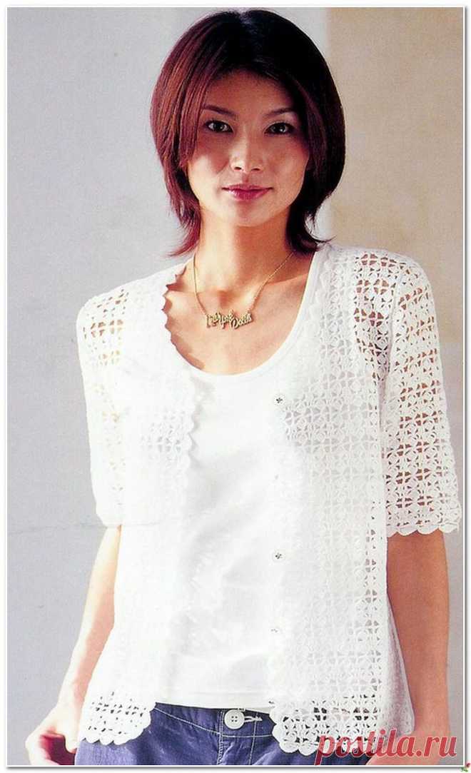 ЛЕТНИЙ БЕЛЫЙ ЖАКЕТ ВЯЖЕМ КРЮЧКОМ..