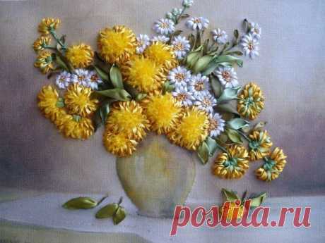 Вышивка лентами одуванчик. / Рукоделие