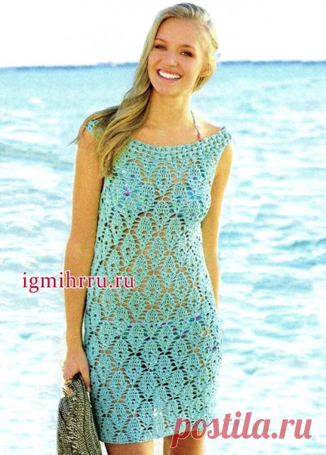 Романтичное лето! Бирюзово-зеленое летнее платье с узорами из ромбов и пышных столбиков. Вязание крючком