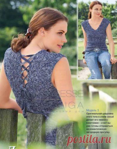 Вязаный спицами топ из меланжевой пряжи со шнуровкой | vjazem.ru