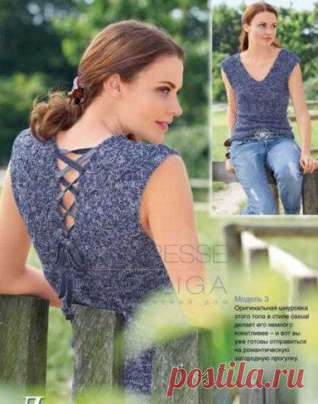 Вязаный спицами топ из меланжевой пряжи со шнуровкой | vjazem.ru