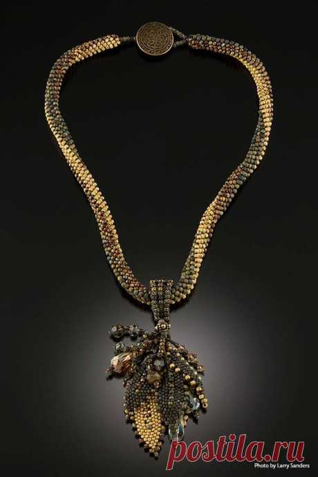 MADE TO ORDER: Beadweaving - African Polygon Necklace in Rich Earth-Tones with Leaves and Crystal