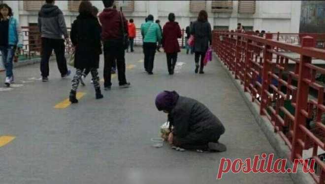 Нищенка в Китае не оценила помощь прохожей девушки -  В китайском городе Сиань на мосту была замечена 60-летняя женщина, просившая на коленях милостыню. Сердобольная прохожая пожалела бабулю и подала ей пакет с едой. Через некоторое время нищенка, периодически прятавшая деньги из миски в карман, собрала свои пожитки и ушла, выбросив подаренные продукты в мусорку.